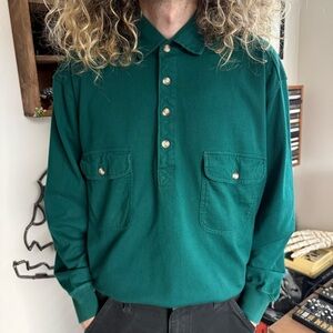 Vintage 90s Eddie Bauer Forest Green Long Sleeve Cotton Polo ~ Size Large